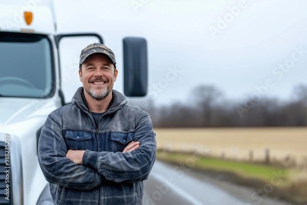 Fototapeta A man with a beard and a trucker hat is standing in front of a white truck