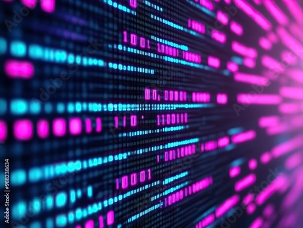 Fototapeta Abstract digital code flow, colorful lights create a vibrant background that symbolizes data transmission and modern technology advancements.