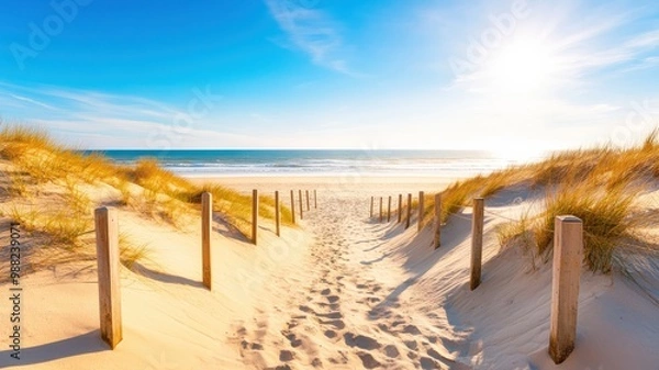 Obraz Scenic pathway leads to a serene beach, with soft sand and vibrant sunshine illuminating the clear blue sky and ocean.