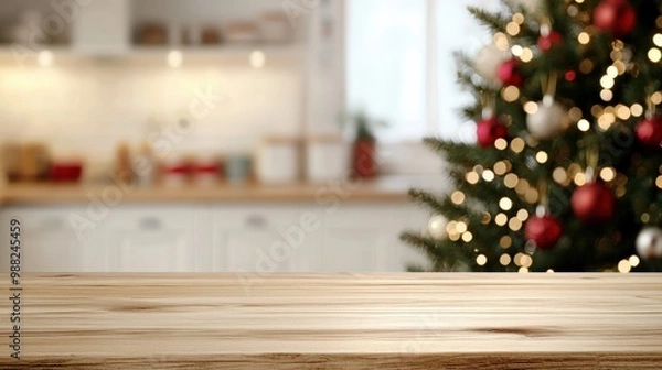Obraz Warm and festive kitchen scene with a wooden table and a beautifully decorated Christmas tree in the background.
