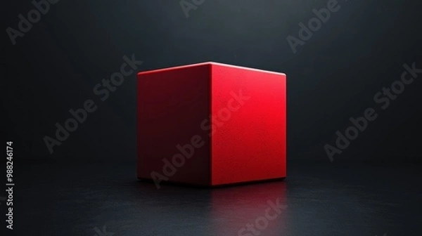 Fototapeta A simple red cube on a dark background, emphasizing minimalism.