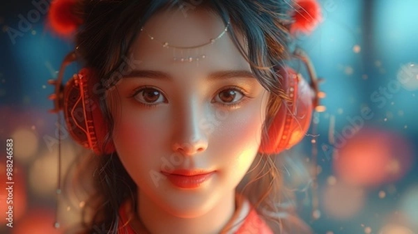 Fototapeta ヘッドフォンをつけた美女ポートレート,Generative AI AI画像