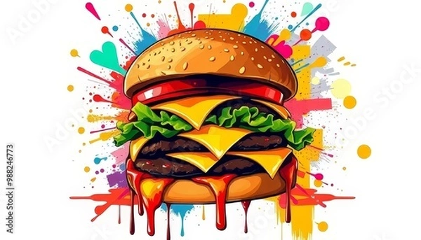 Fototapeta Vibrant Cheeseburger with Colorful Abstract Explosion Background