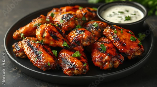 Fototapeta grilled chicken wings marinated in a spicy buffalo sauce