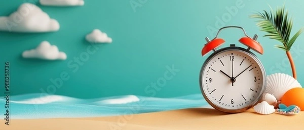 Fototapeta A beach scene featuring an alarm clock resting on the sand, symbolizing the perfect moment to relax, travel, and unwind during vacation, peace and leisure.