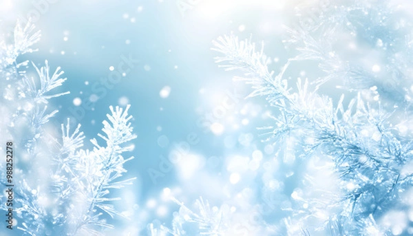 Fototapeta A winter themed background with frosted patterns, snowflakes, and a light blue white gradient