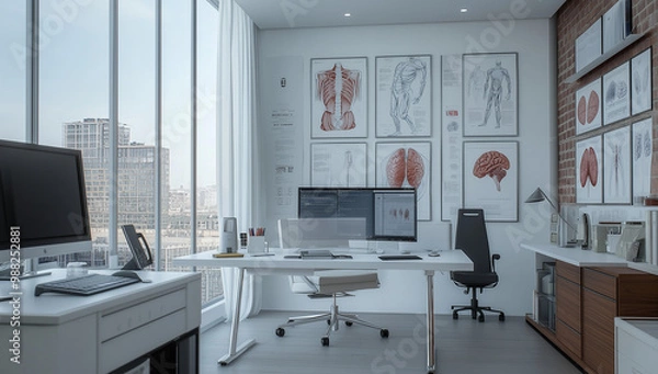 Fototapeta This is a modern office with a desk, computers, and anatomical charts on the wall