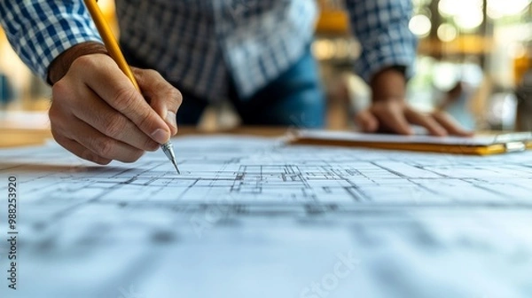Fototapeta Close-up of an architect's hand pointing at detailed plans on a blueprint, with an engineer taking notes on a notepad beside them, highlighting their collaborative approach to a new building project