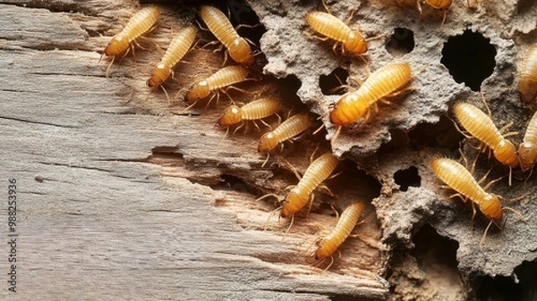 Fototapeta Close-up of termites crawling on a damaged wooden surface, with visible tunnels and holes, highlighting the need for termite extermination with copy space