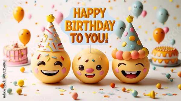 Fototapeta A group of smiling emoji wearing party hats, with the text "HAPPY BIRTHDAY TO YOU!" in bold letters on top 