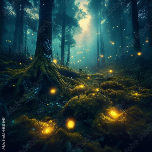 Obraz 울퉁불퉁하고 어두운 오래된 숲에 이끼 무성하고 안개가 은은하게 있는곳 중간중간 반딧불이 예쁘게 있다