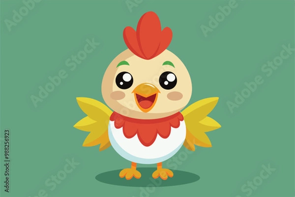 Fototapeta A cheerful cartoon chicken stands with a big smile, wings spread wide, showcasing its cute features against a soft green background.