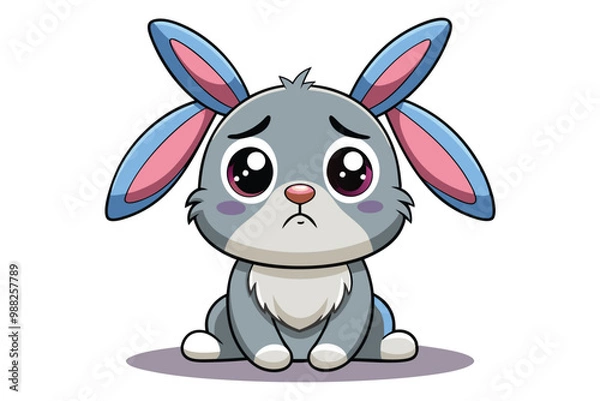 Fototapeta A cute cartoon rabbit with large eyes is sitting on a white background, looking sad and teary, conveying a sense of emotional distress.
