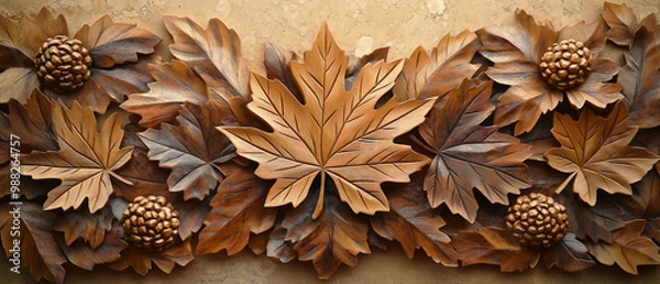 Fototapeta Carved natural wooden leaves, featuring detailed maple leaf patterns in a 3D design