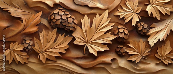 Fototapeta Carved natural wooden leaves, featuring detailed maple leaf patterns in a 3D design