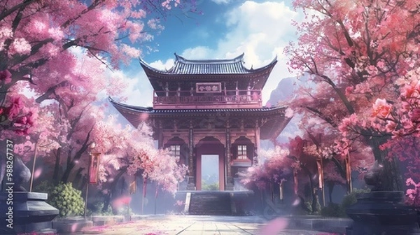Fototapeta anime background of pink sakura in the garden of temple