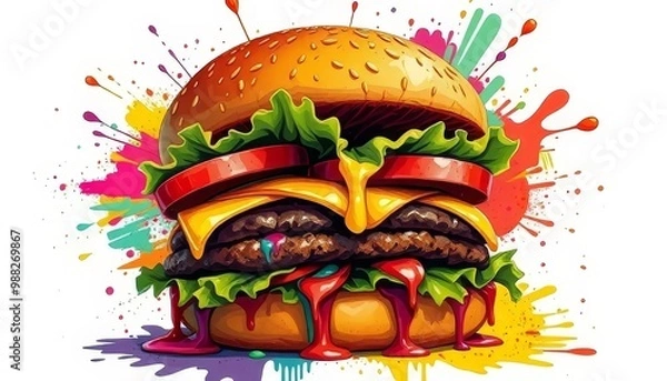 Fototapeta Vibrant Cheeseburger with Colorful Abstract Explosion Background