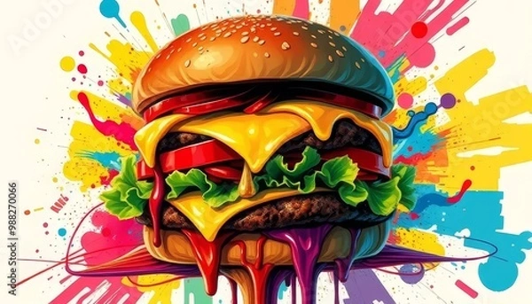 Fototapeta Vibrant Cheeseburger with Colorful Abstract Explosion Background