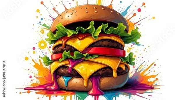 Fototapeta Vibrant Cheeseburger with Colorful Abstract Explosion Background