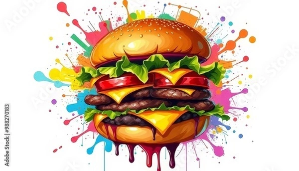 Fototapeta Vibrant Cheeseburger with Colorful Abstract Explosion Background