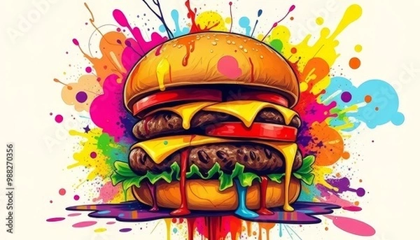 Fototapeta Vibrant Cheeseburger with Colorful Abstract Explosion Background