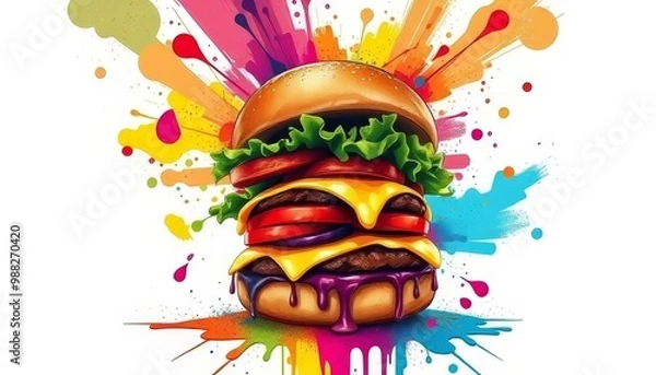 Fototapeta Vibrant Cheeseburger with Colorful Abstract Explosion Background