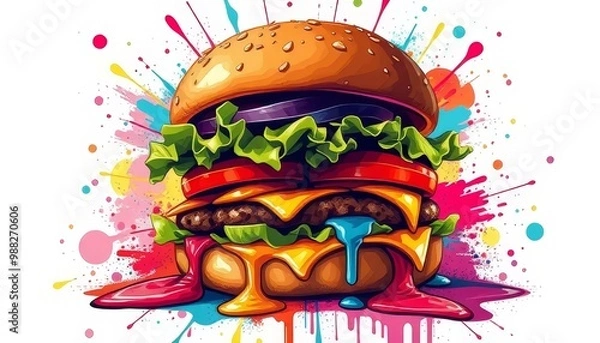 Fototapeta Vibrant Cheeseburger with Colorful Abstract Explosion Background