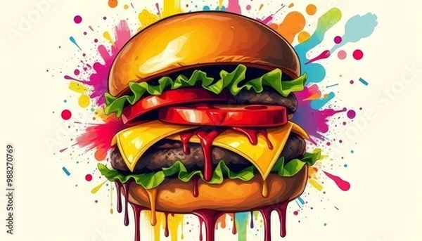 Fototapeta Vibrant Cheeseburger with Colorful Abstract Explosion Background