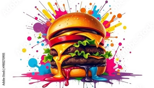 Fototapeta Vibrant Cheeseburger with Colorful Abstract Explosion Background