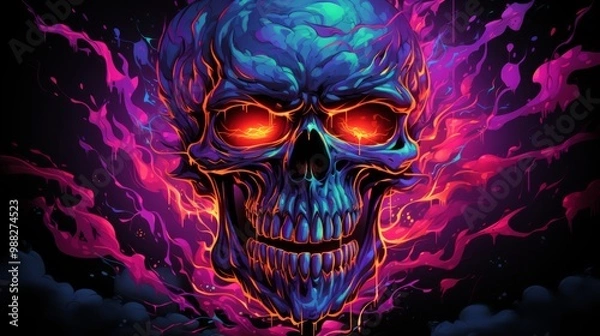 Fototapeta ネオンカラーの骸骨の顔イラスト,Generative AI AI画像