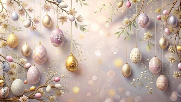 Fototapeta Easter Eggs Hanging on Branches with Bokeh Background