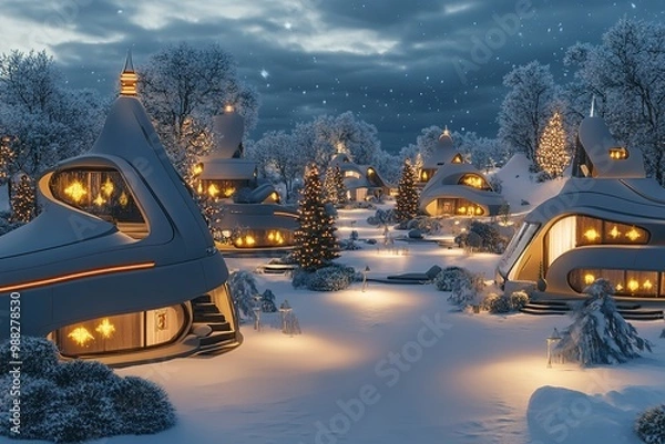 Fototapeta Snowy futuristic village with glowing windows at night