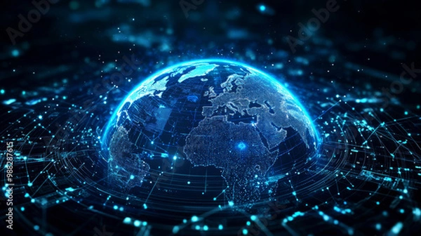 Fototapeta a digital twin of Earth, blue light, being used to predict and adapt to climate or technology related events