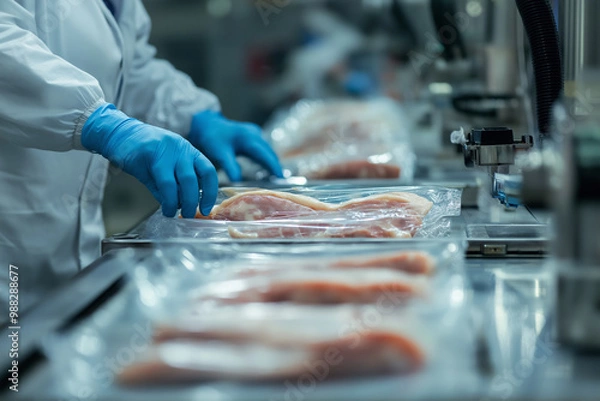 Fototapeta Meat Packaging Process in Food Factory  Worker in Gloves