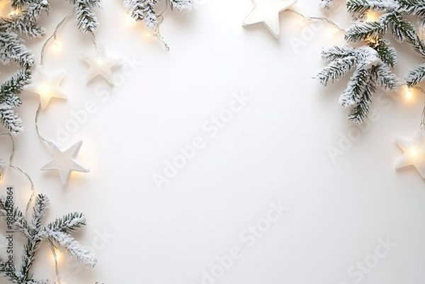 Obraz Festive frame with snowy branches and star lights