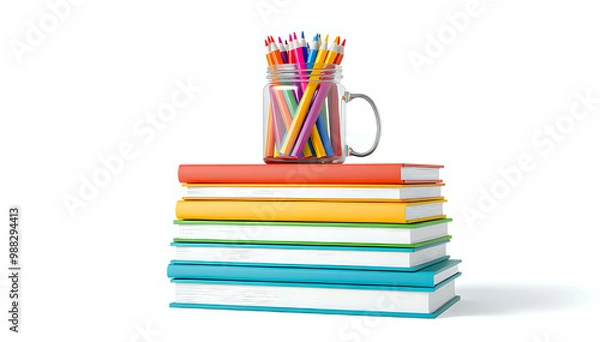 Fototapeta A stack of books with colorful pencils in a jar on top, isolated on a white background, symbolizing education and learning. 3D rendering.
