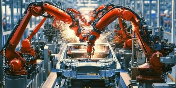 Fototapeta On modern automobile production high tech assembly line, robots assemble cars at auto industry factory 