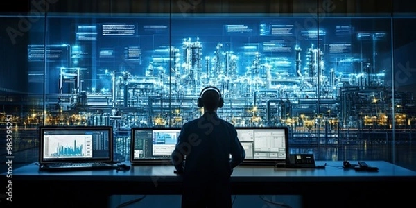 Obraz Monitoring Industrial Processes from a Central Control Room. Concept Real-time monitoring, Centralized control, Industrial processes, Efficiency optimization, Production supervision