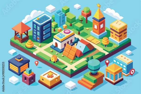 Obraz A vibrant cartoon park design featuring buildings, trees, pathways, and playful elements set in a bright, sunny atmosphere.