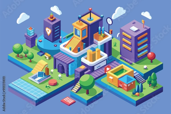 Obraz A lively urban development concept showcases various buildings, greenery, and pathways, combining creativity and functionality in an isometric design.