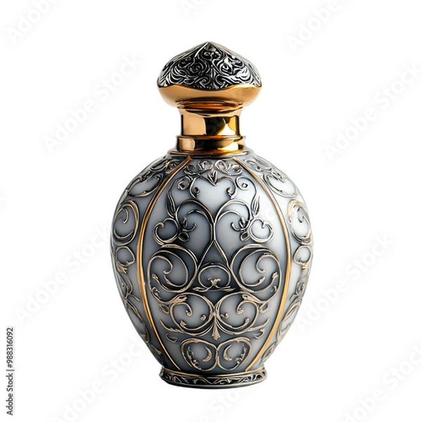 Fototapeta Vintage perfume bottle with intricate patterns, isolated on clean white