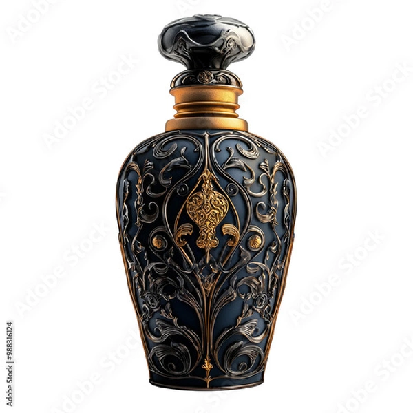Fototapeta Vintage perfume bottle with intricate patterns, isolated on clean white