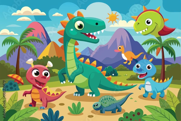 Fototapeta A group of cheerful cartoon dinosaurs interact playfully in a vibrant prehistoric environment filled with palm trees and mountains.