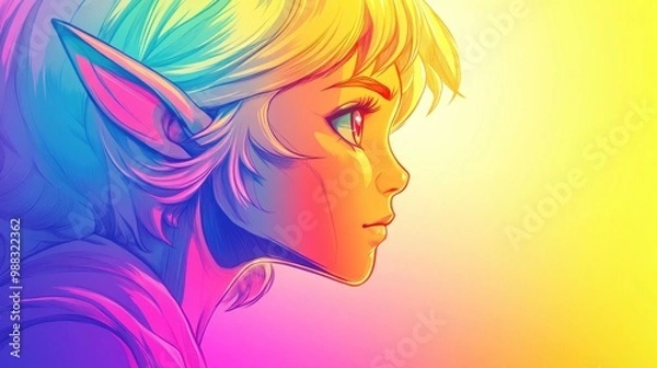 Fototapeta Line art illustration of a colorful gradient depicting a cartoon elf girl with an engaging expression
