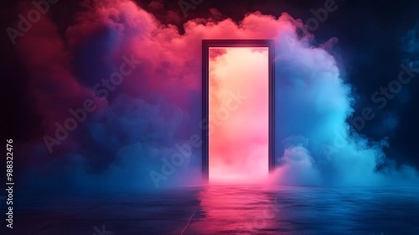 Fototapeta A glowing doorway surrounded by vibrant pink and blue fog, creating a surreal and mysterious scene that evokes curiosity and wonder.
