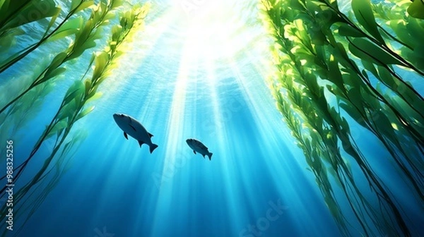 Fototapeta A vast ocean ecosystem with kelp forests swaying in the currents, fish darting among the tall strands, and marine creatures thriving in the underwater habitat.