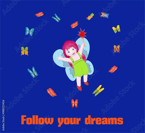 Fototapeta Follow your dream - inspirational text with a little fairy into a hearth formed by butterflies. Vector illustration.