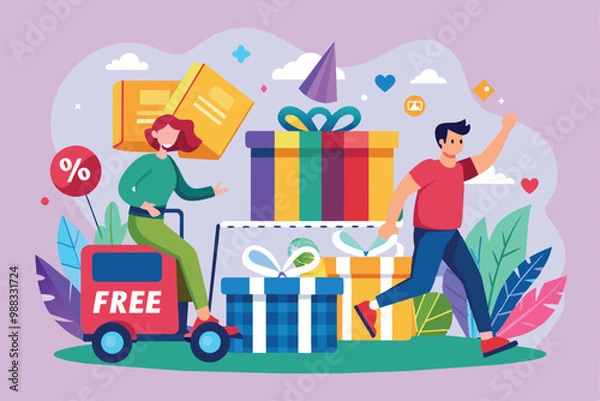 Fototapeta Two happy shoppers enjoy discount shopping, showcasing vibrant gifts while celebrating free shipping offers during a lively shopping event.