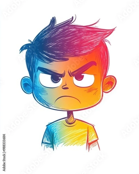 Fototapeta Line art illustration of a cartoon boy with an annoyed expression featuring a rainbow gradient design