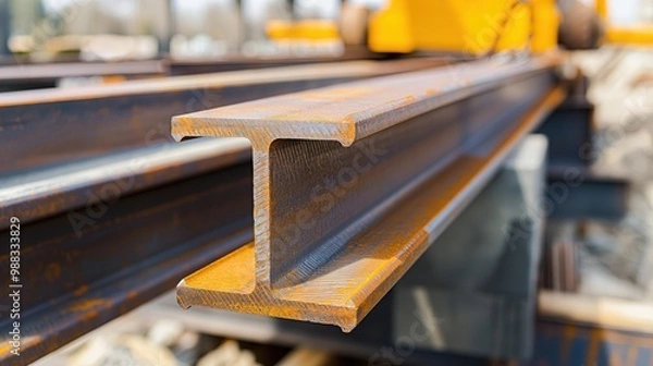 Fototapeta Close-up of a steel beam being lifted by a crane in a construction site, symbolizing the sale and transportation of steel in a construction project, with a shiny metallic surface reflecting